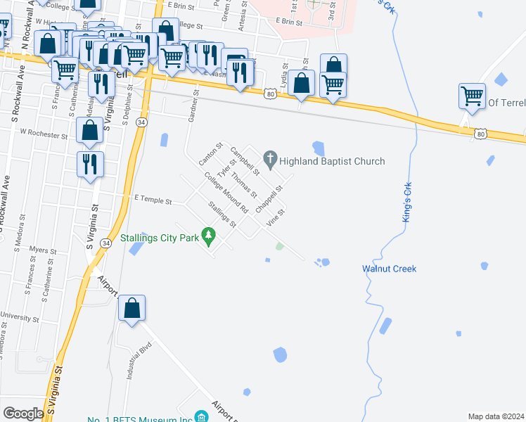 map of restaurants, bars, coffee shops, grocery stores, and more near 102 Chappell Street in Terrell