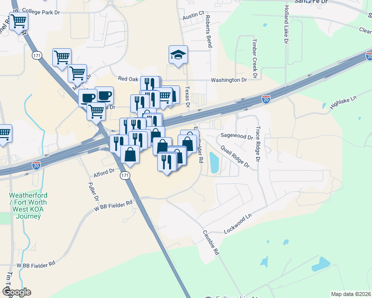 map of restaurants, bars, coffee shops, grocery stores, and more near 148 Interstate 20 in Weatherford
