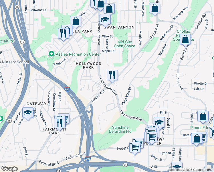 map of restaurants, bars, coffee shops, grocery stores, and more near Fairmount Ave & Home Ave in San Diego
