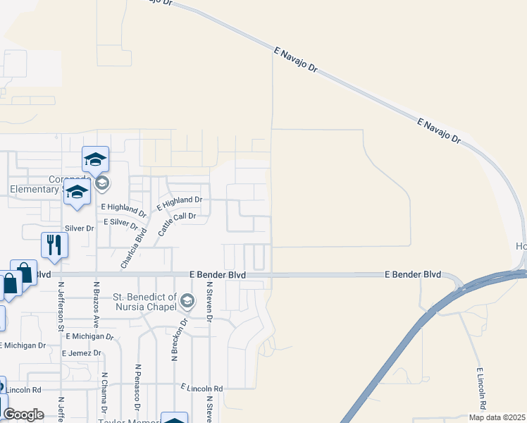 map of restaurants, bars, coffee shops, grocery stores, and more near 2122 Saddle Club Drive in Hobbs