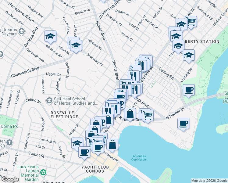 map of restaurants, bars, coffee shops, grocery stores, and more near 3110 Jarvis Street in San Diego