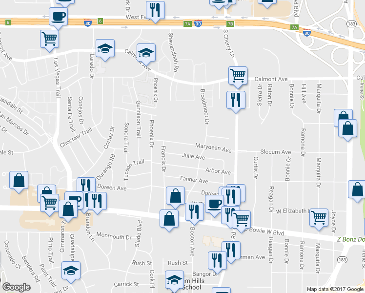 map of restaurants, bars, coffee shops, grocery stores, and more near 8133 Marydean Avenue in Fort Worth