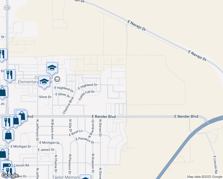 map of restaurants, bars, coffee shops, grocery stores, and more near 2537 Traditions Drive in Hobbs