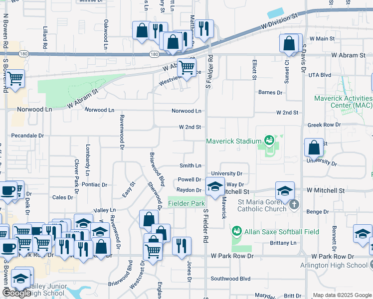map of restaurants, bars, coffee shops, grocery stores, and more near 1800 Tennyson Drive in Arlington