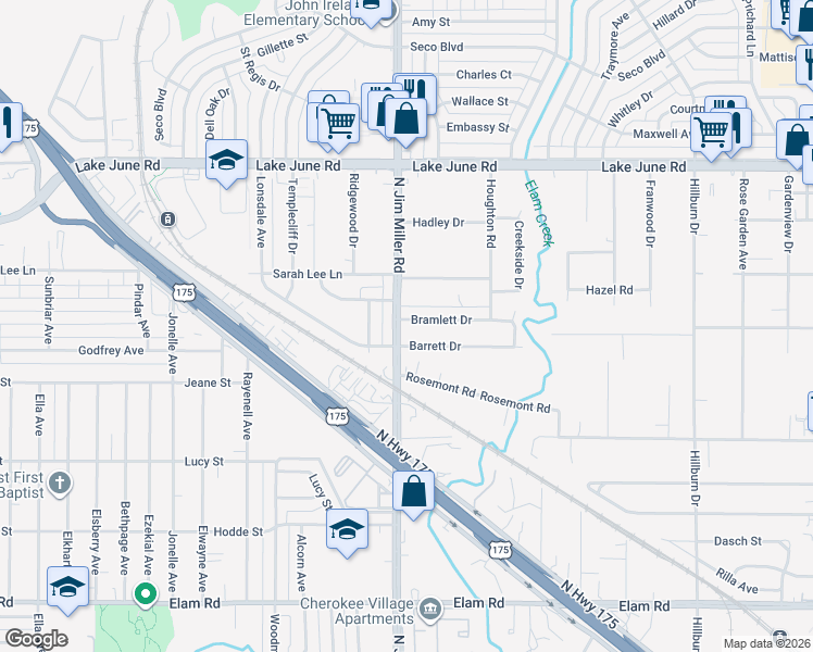 map of restaurants, bars, coffee shops, grocery stores, and more near 7104 Bramlett Drive in Dallas