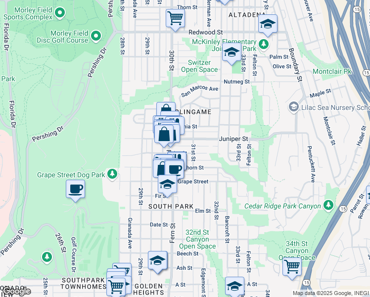 map of restaurants, bars, coffee shops, grocery stores, and more near 3060 1/4 Ivy Street in San Diego