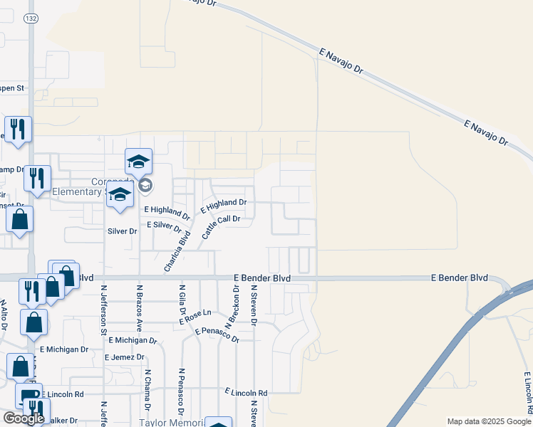 map of restaurants, bars, coffee shops, grocery stores, and more near 2537 North Green Valley Trail in Hobbs
