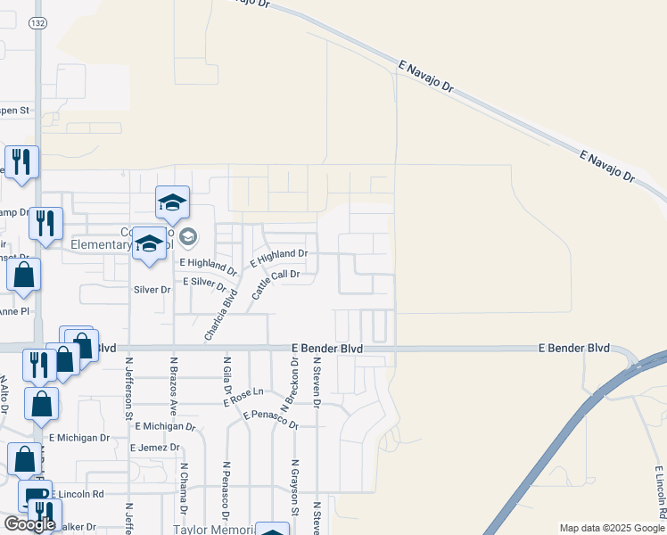 map of restaurants, bars, coffee shops, grocery stores, and more near 2537 North Green Valley Trail in Hobbs