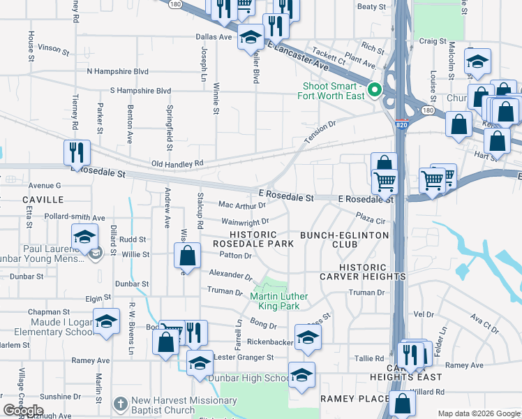 map of restaurants, bars, coffee shops, grocery stores, and more near 5625 Wainwright Drive in Fort Worth