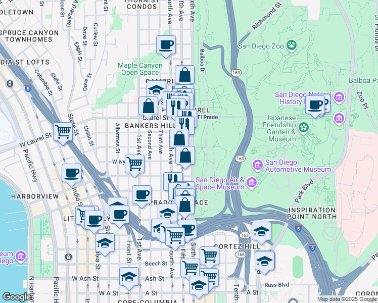 map of restaurants, bars, coffee shops, grocery stores, and more near 2270 Sixth Avenue in San Diego