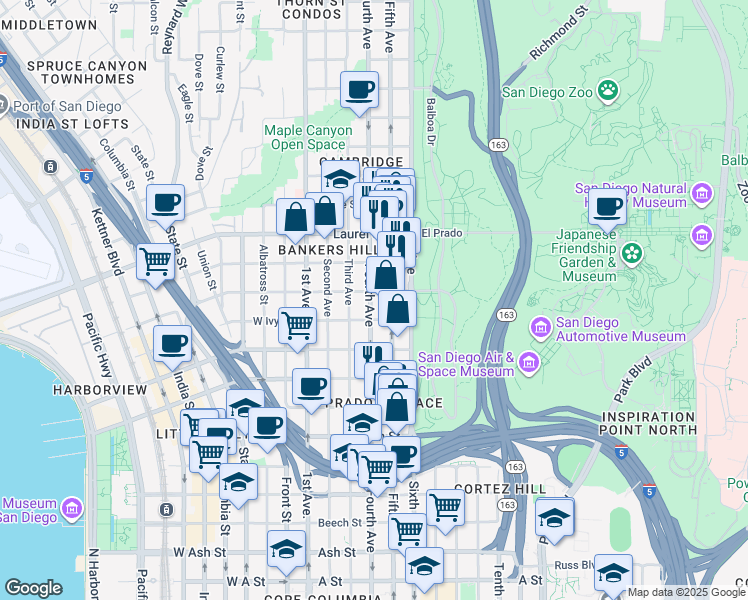 map of restaurants, bars, coffee shops, grocery stores, and more near in San Diego