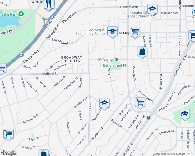 map of restaurants, bars, coffee shops, grocery stores, and more near 6964 Ruby Lane in Lemon Grove