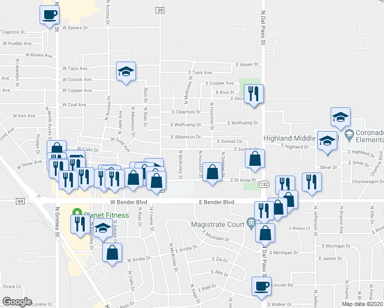 map of restaurants, bars, coffee shops, grocery stores, and more near 343 East Sunset Drive in Hobbs