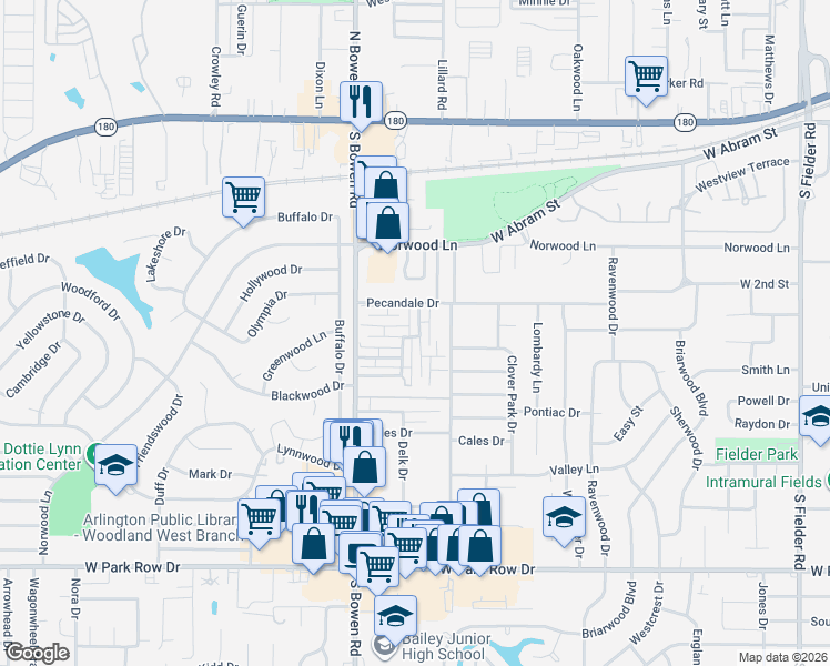 map of restaurants, bars, coffee shops, grocery stores, and more near 618 Saint Paul Drive in Arlington