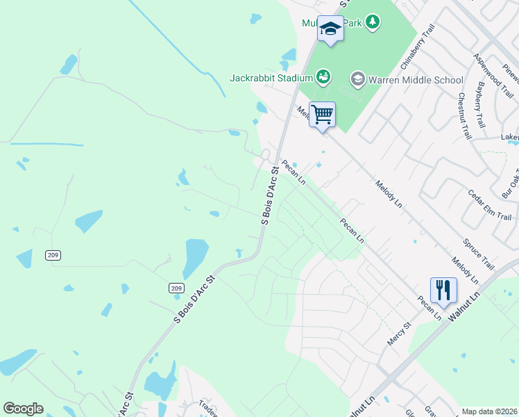 map of restaurants, bars, coffee shops, grocery stores, and more near 12931 South Bois D'Arc Street in Forney