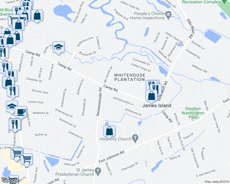 map of restaurants, bars, coffee shops, grocery stores, and more near 1351 Camp Road in Charleston