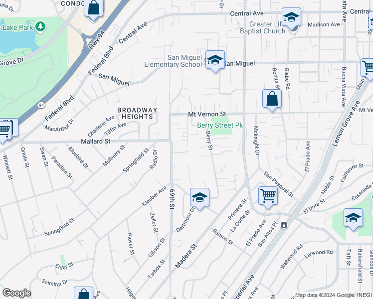 map of restaurants, bars, coffee shops, grocery stores, and more near 6964 Ruby Lane in Lemon Grove