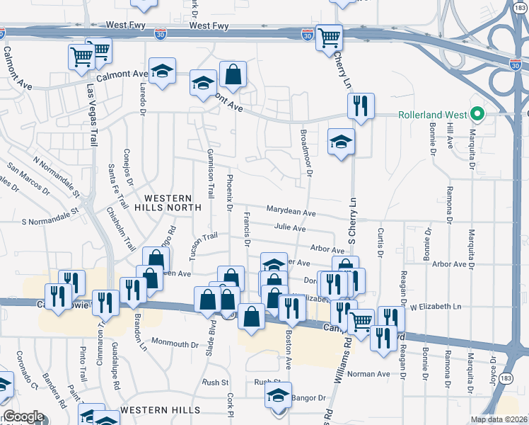 map of restaurants, bars, coffee shops, grocery stores, and more near 8145 Marydean Avenue in Fort Worth