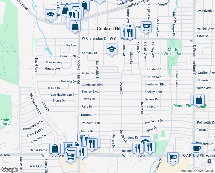 map of restaurants, bars, coffee shops, grocery stores, and more near 4051 Shelley Boulevard in Dallas