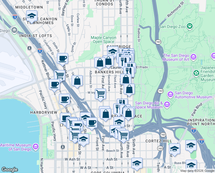 map of restaurants, bars, coffee shops, grocery stores, and more near in San Diego