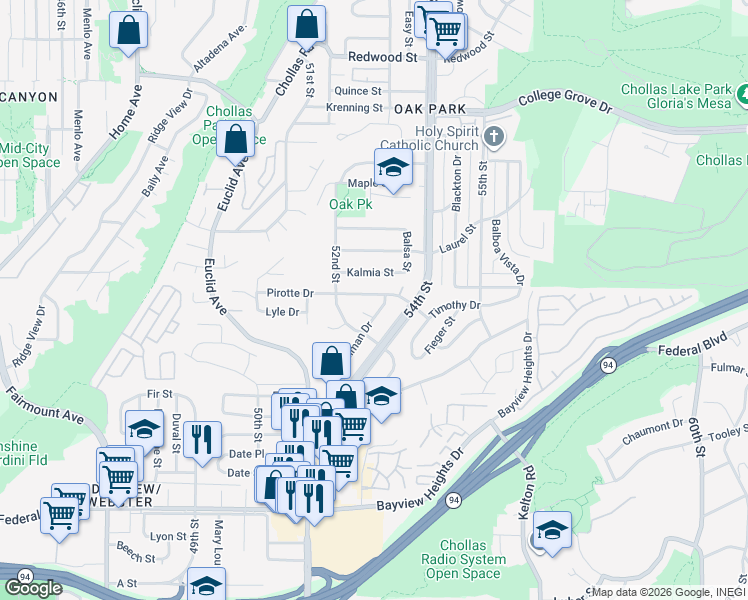 map of restaurants, bars, coffee shops, grocery stores, and more near 5220 Maring Place in San Diego
