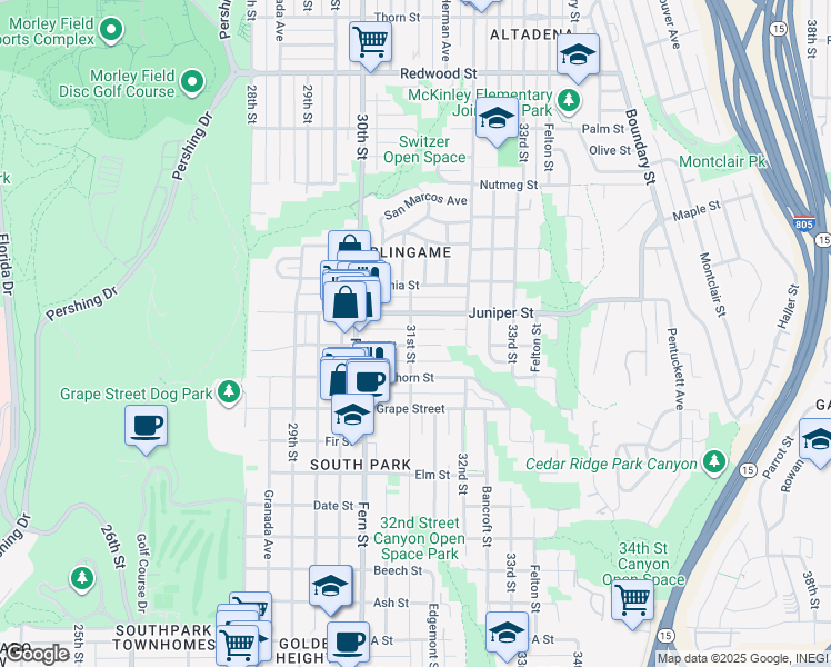 map of restaurants, bars, coffee shops, grocery stores, and more near 3083 Ivy Street in San Diego