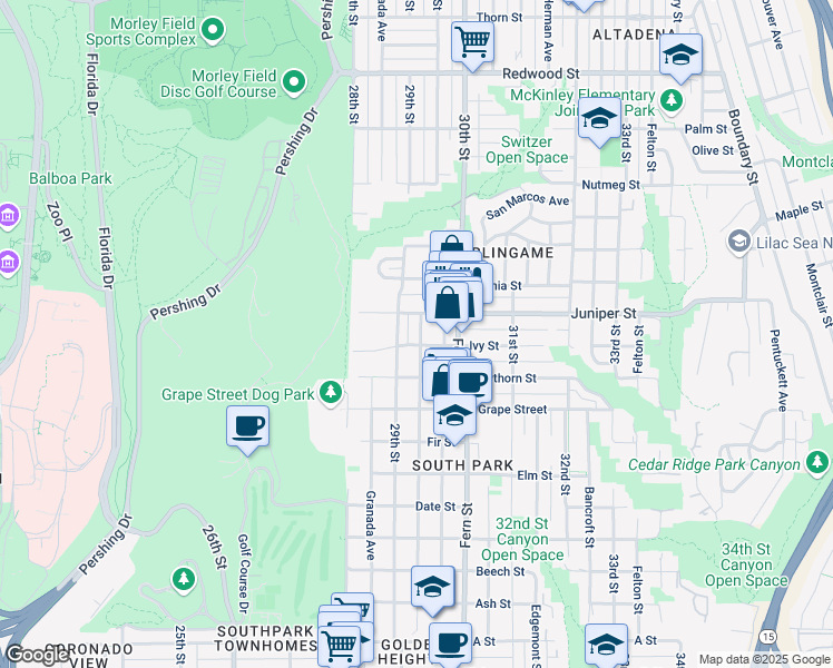 map of restaurants, bars, coffee shops, grocery stores, and more near 2225 30th Street in San Diego