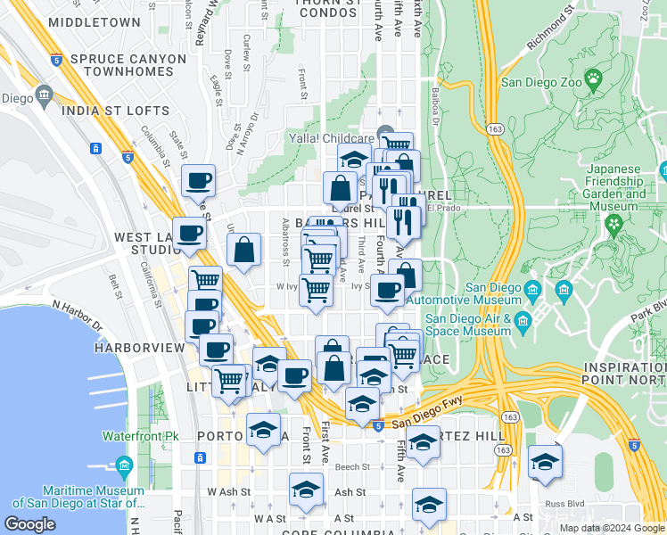 map of restaurants, bars, coffee shops, grocery stores, and more near 130 Ivy Street in San Diego