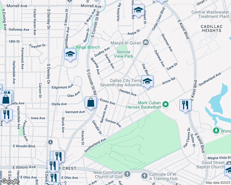 map of restaurants, bars, coffee shops, grocery stores, and more near 2023 Cedar Crest Boulevard in Dallas
