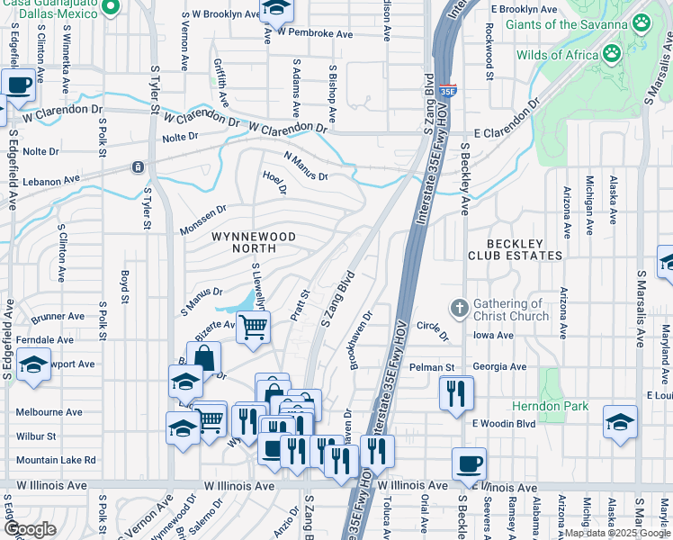 map of restaurants, bars, coffee shops, grocery stores, and more near 1404 Pratt Street in Dallas