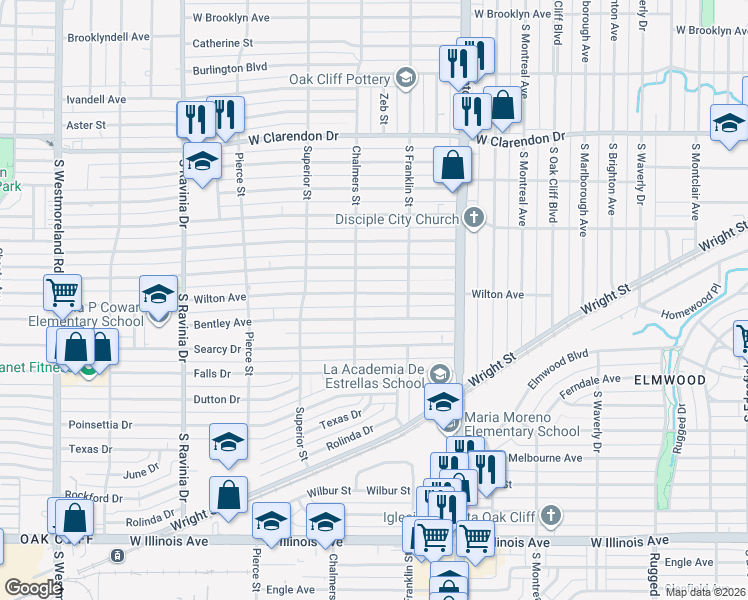 map of restaurants, bars, coffee shops, grocery stores, and more near 2543 Bentley Avenue in Dallas