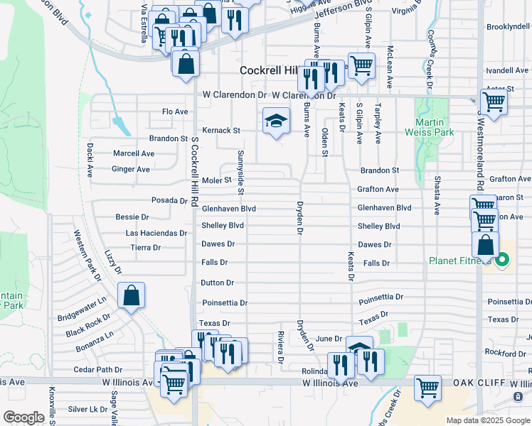 map of restaurants, bars, coffee shops, grocery stores, and more near 4051 Shelley Boulevard in Dallas