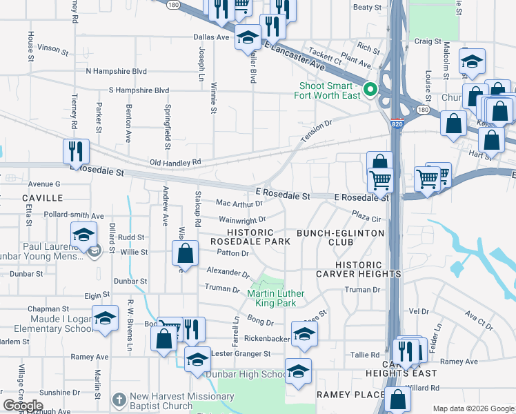 map of restaurants, bars, coffee shops, grocery stores, and more near 5625 Wainwright Drive in Fort Worth