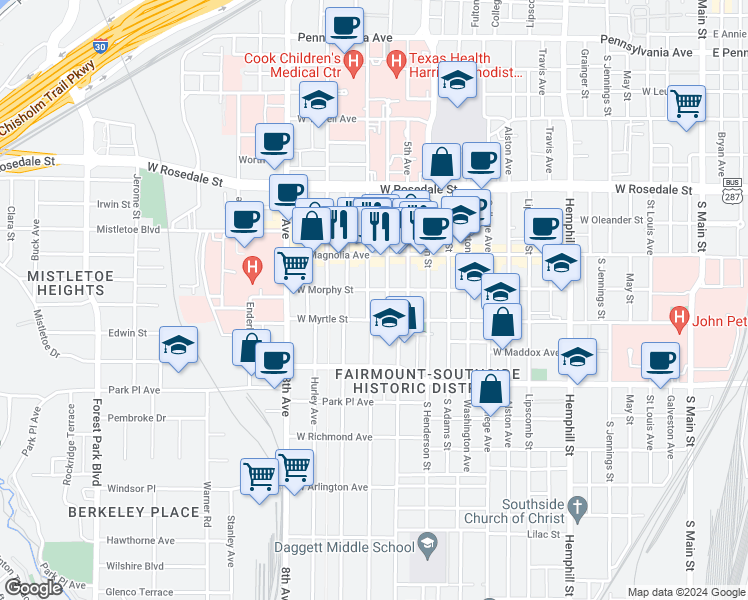 map of restaurants, bars, coffee shops, grocery stores, and more near 1420 South Lake Street in Fort Worth