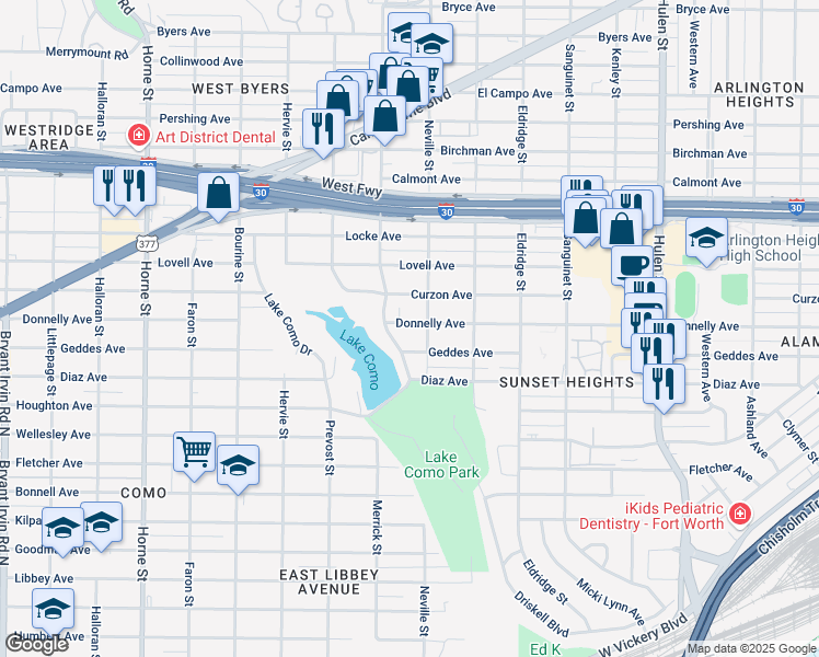 map of restaurants, bars, coffee shops, grocery stores, and more near 5116 Geddes Avenue in Fort Worth
