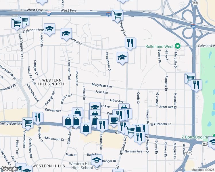 map of restaurants, bars, coffee shops, grocery stores, and more near 8026 Julie Avenue in Fort Worth