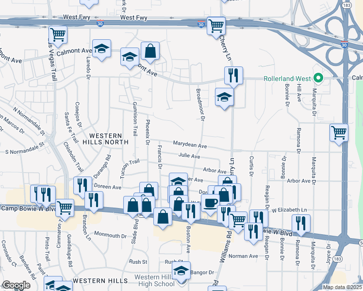 map of restaurants, bars, coffee shops, grocery stores, and more near 8118 Julie Avenue in Fort Worth
