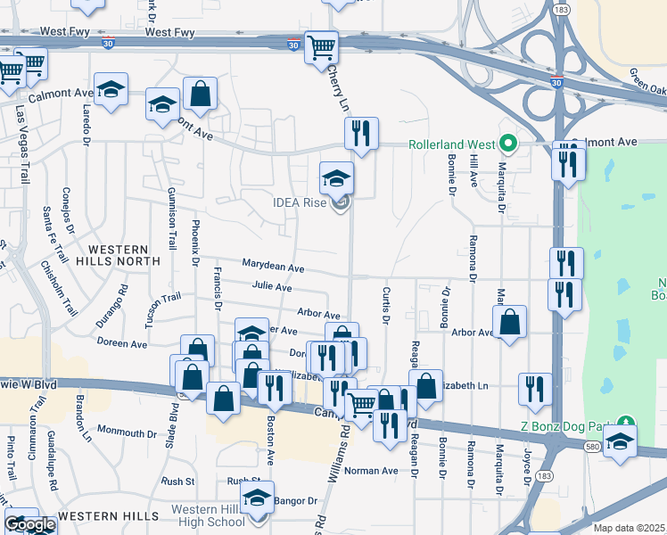 map of restaurants, bars, coffee shops, grocery stores, and more near 7914 Marydean Avenue in Fort Worth