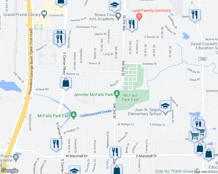 map of restaurants, bars, coffee shops, grocery stores, and more near 345 Ware Drive in Grand Prairie