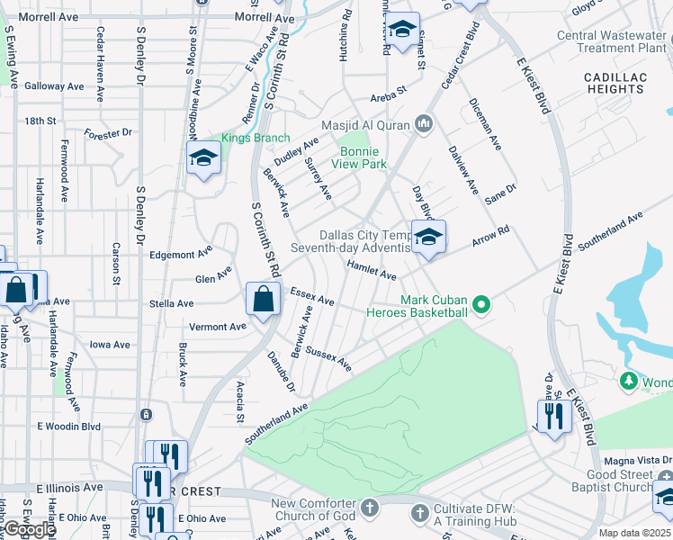 map of restaurants, bars, coffee shops, grocery stores, and more near 2023 Cedar Crest Boulevard in Dallas