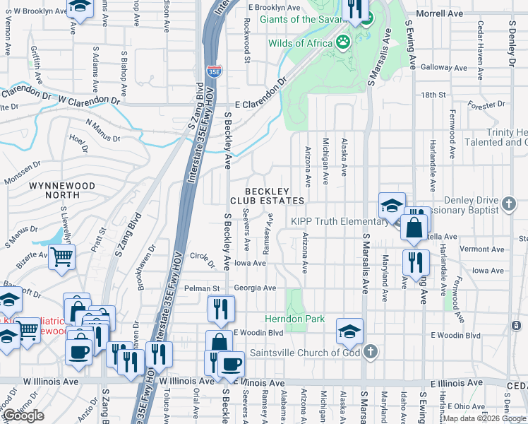 map of restaurants, bars, coffee shops, grocery stores, and more near 310 Crestwood Drive in Dallas