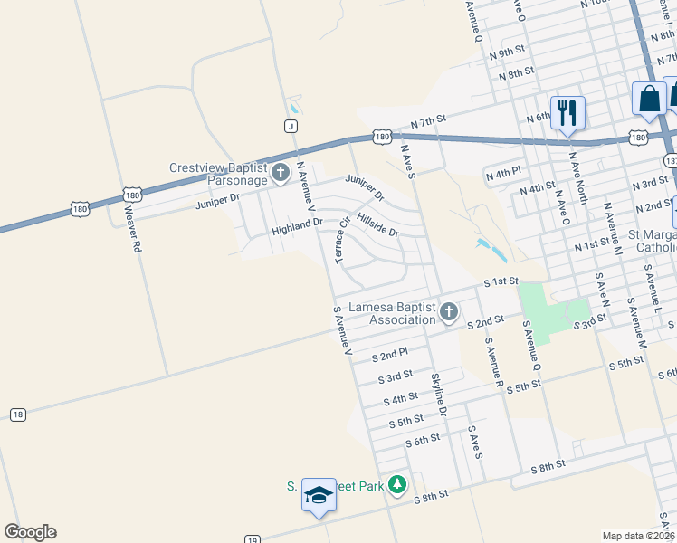 map of restaurants, bars, coffee shops, grocery stores, and more near 201-401 North Avenue V in Lamesa