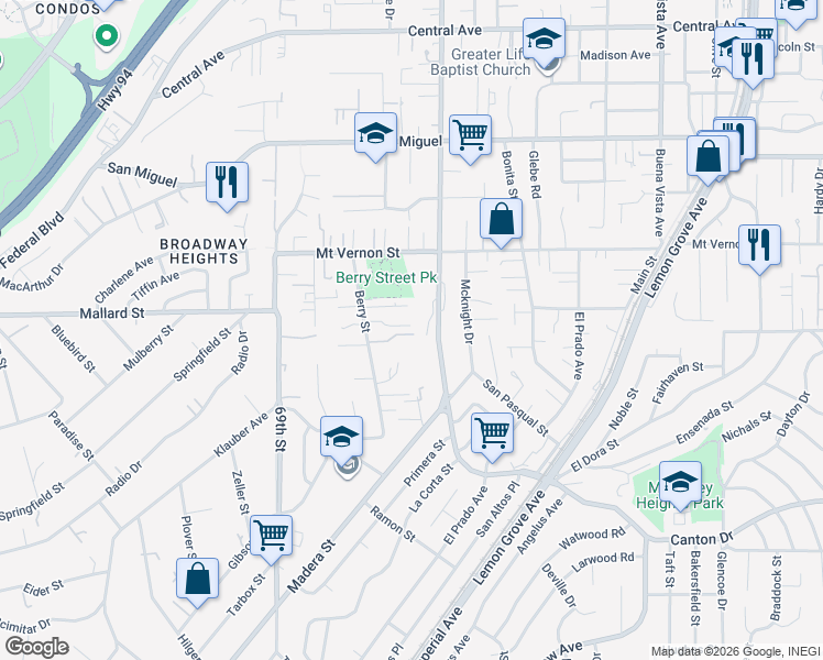 map of restaurants, bars, coffee shops, grocery stores, and more near 2165 Saint Croix Court in Lemon Grove