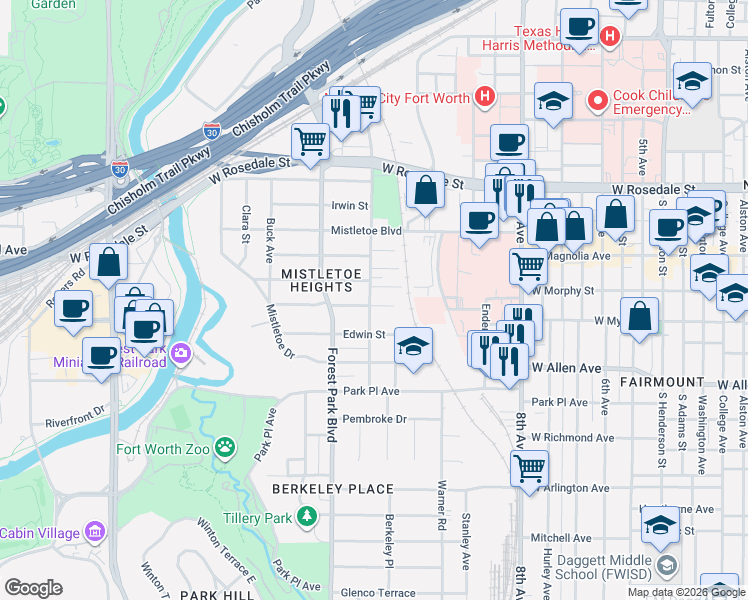 map of restaurants, bars, coffee shops, grocery stores, and more near 2123 Mistletoe Avenue in Fort Worth