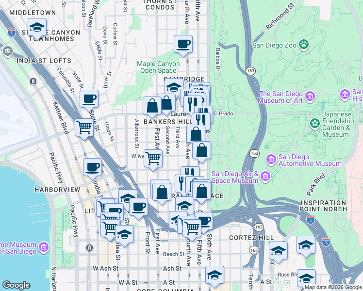 map of restaurants, bars, coffee shops, grocery stores, and more near 2291 Third Avenue in San Diego