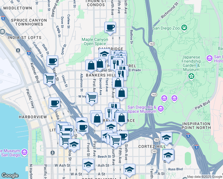 map of restaurants, bars, coffee shops, grocery stores, and more near 304 Ivy Street in San Diego