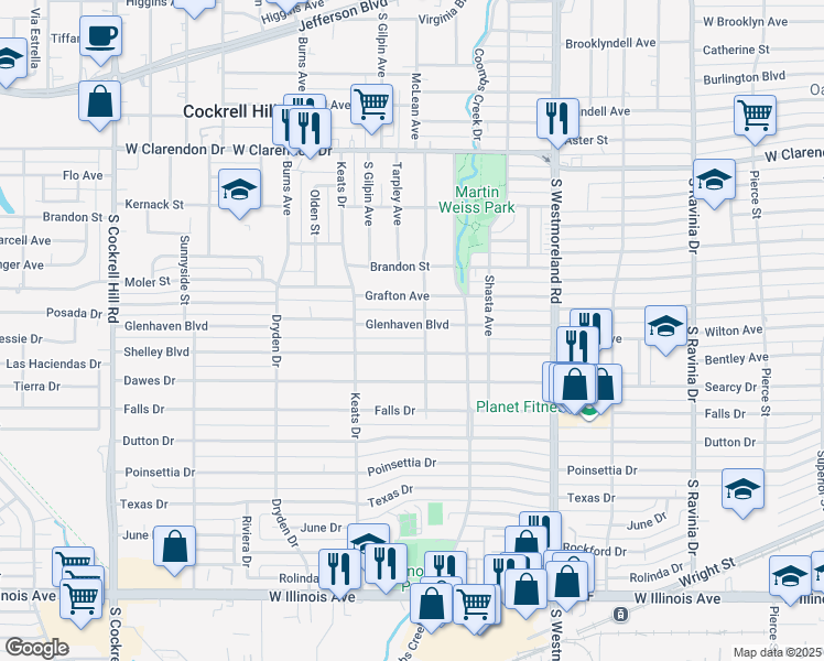 map of restaurants, bars, coffee shops, grocery stores, and more near 3610 Glenhaven Boulevard in Dallas