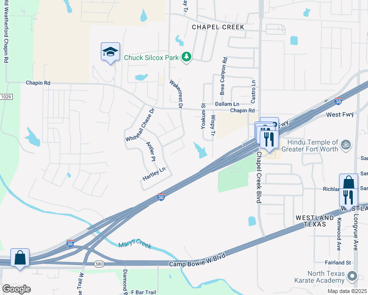 map of restaurants, bars, coffee shops, grocery stores, and more near Caribou Falls Court in Fort Worth
