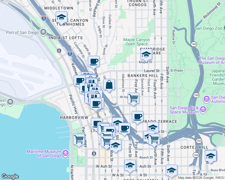 map of restaurants, bars, coffee shops, grocery stores, and more near 2242 Union Street in San Diego