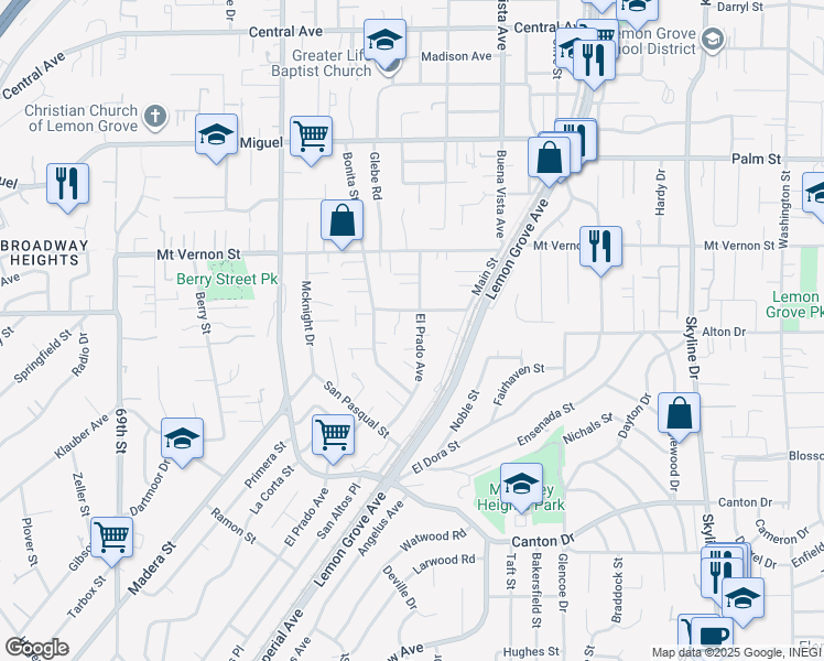 map of restaurants, bars, coffee shops, grocery stores, and more near 2240-42 El Prado Avenue in Lemon Grove